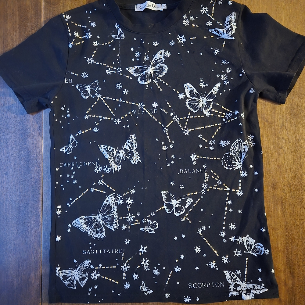 Dior Black Tee with White Butterfly & Zodiac Constellation Print